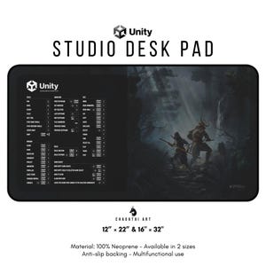 May include: A black and grey gaming desk pad featuring a Unity logo and a dark fantasy scene with two figures in a forest. The desk pad is available in two sizes: 12 inches by 22 inches and 16 inches by 32 inches. It is made from 100% neoprene with an anti-slip backing.