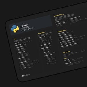 Może przedstawiać: Czarno-ż&oacute;łta ściągawka do Pythona z przykładami kodu dla list, instrukcji warunkowych, zmiennych, ciąg&oacute;w znak&oacute;w, metod ciąg&oacute;w znak&oacute;w, funkcji drukowania i plik&oacute;w.