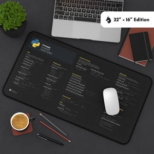 Może przedstawiać: Czarna mata biurkowa z arkuszem ściągawki Python w ż&oacute;łtym tekście i logo Pythona. Mata ma wymiary 56 cm x 41 cm. Zawiera informacje o listach, zmiennych, ciągach znak&oacute;w, słownikach i innych.