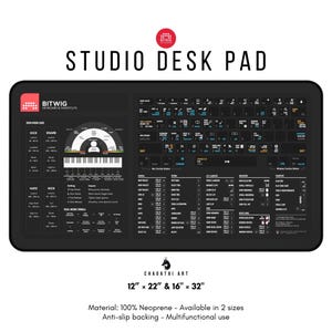 May include: Black and white studio desk pad with a Bitwig keyboard and shortcut guide. The pad is 12 inches by 22 inches or 16 inches by 32 inches. It is made of 100% neoprene and has an anti-slip backing.