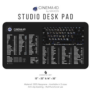 Op de afbeelding: Een zwart-witte bureauonderlegger met een toetsenbordindeling en sneltoetsen voor de software Cinema 4D. De onderlegger is gemaakt van neopreen en is verkrijgbaar in twee maten: 30,5 cm x 55,9 cm en 40,6 cm x 81,3 cm. Het heeft een antislip rug en is multifunctioneel.