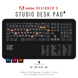 May include: Black desk pad with a keyboard layout featuring Adobe Photoshop, Illustrator, and InDesign shortcuts. The pad is made of neoprene and is available in two sizes: 12" x 22" and 16" x 32".