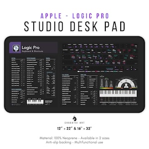 Peut inclure: Un tapis de bureau noir et blanc avec des raccourcis clavier Logic Pro, une icône violette et le texte "Logic Pro Keyboard & Shortcuts". Le tapis est disponible en deux tailles : 30,5 cm x 55,9 cm et 40,6 cm x 81,3 cm.