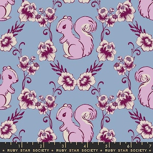 May include: A repeating pattern featuring pink squirrels and cream-colored flowers with burgundy accents on a light blue background. The text "RUBY STAR SOCIETY" is at the bottom.