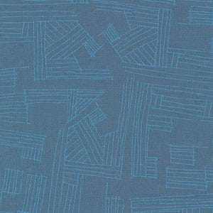 May include: A seamless fabric pattern featuring a textured, slate blue background with a repeating design of light blue, linear geometric shapes. The lines intersect and overlap, creating a modern, abstract design.