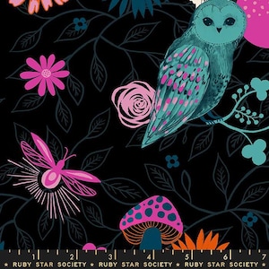May include: Black fabric with a whimsical design featuring a teal owl, pink flowers, a pink dragonfly, and a mushroom with pink spots. The design includes dark teal leaves and branches. The text "RUBY STAR SOCIETY" is at the bottom.