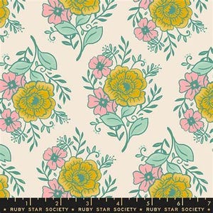 May include: A repeating pattern of stylized flowers in yellow and pink with teal leaves and stems on a cream background. The flowers are clustered in bouquets. The text "RUBY STAR SOCIETY" is at the bottom.