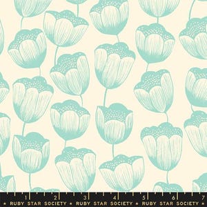 May include: A repeating pattern of stylized turquoise flowers with detailed petals and dotted centers on a cream background. The flowers are connected by thin stems. The text "RUBY STAR SOCIETY" is at the bottom.