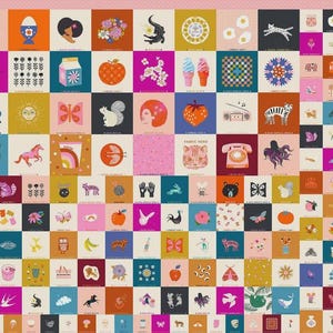 May include: A colorful fabric panel featuring a grid of illustrated squares. Each square showcases a unique design, including animals, food items, and floral patterns. The color palette includes pink, orange, blue, and yellow, creating a vibrant and playful aesthetic.
