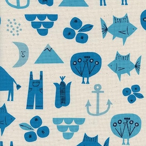 May include: A fabric pattern featuring a repeating design of blue nautical and nature-themed illustrations. The pattern includes anchors, fish, mountains, corn, berries, and a smiling moon on a cream-colored background.