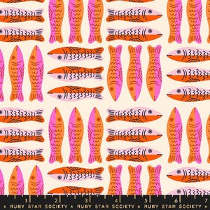 May include: A repeating pattern of stylized fish in shades of pink and orange on a cream background. The fish are arranged in rows, with some facing up and others horizontally. The text "RUBY STAR SOCIETY" is at the bottom.