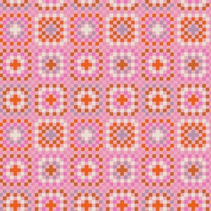 May include: A repeating pattern of squares in shades of pink, orange, and purple. The design features a grid of squares, each containing a smaller square with a cross-like shape in the center. The pattern is suitable for fabric or wallpaper.