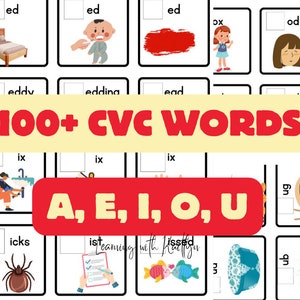 May include: A colourful educational chart with the text "100+ CVC WORDS" and "A, E, I, O, U". The chart features images and blank spaces for filling in letters to create CVC words.