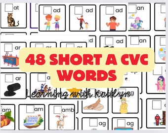 May include: A printable worksheet with 48 short a CVC words. The worksheet is black and white with illustrations of various objects. The words are in a box with a blank space for the student to fill in the missing letter.