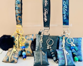 Personalized wristlet keychain set, monogrammed embroidery name with dual pouches, embossed floral design gift