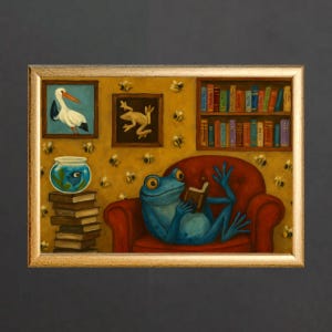 Whimsical Frog Reading Print: Cozy Library Nursery Art (Digital Download)