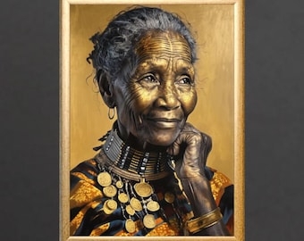 Wisdom Lady, Black Woman Wall Art, African Portrait,African Wisdom Art | Golden Textured Woman | Cultural Home Decor, Digital Download