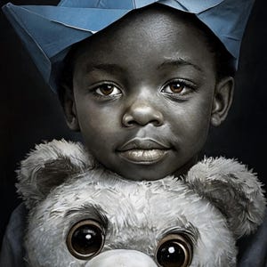 Ritratto monocromatico di ragazzo con orsacchiotto e cappello a forma di barchetta di carta / Stampa artistica digitale / Ritratto di decorazione per la stanza dei bambini / Stampa artistica nera / Nero