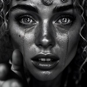 The Seer's Tears , portrait noir et blanc émotionnel | Art mural mystique, art oriental, tsigane, rom