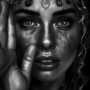 The Seer's Tears , portrait noir et blanc émotionnel | Art mural mystique, art oriental, tsigane, rom