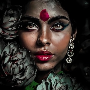 Indian Woman Art,Mysterious Beauty, Sensual,Ethereal,  Fine Art, Wall Art, Home Decor, Oriental,India Art, Indian Bride, Lotus Flower Girl