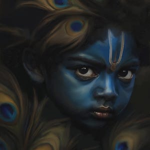 Little Krishna Digital Art Print, Peacock Feather Hindu Deity Portrait (Digital Download)