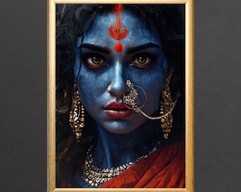 Divine Kali Maa Art Print | Dark Goddess Portrait | Hindu Deity Wall Art, Digital Download