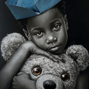 Ritratto di ragazzo con orsacchiotto e cappello a forma di barchetta di carta / Stampa artistica digitale / Decorazione per la stanza dei bambini / Stampa artistica nera / Arte nera africana