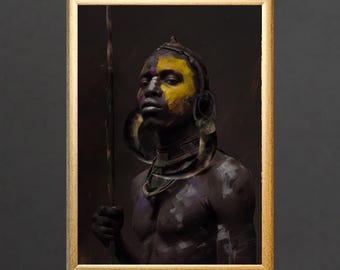African Warrior Art Print: Tribal Portrait, Rich Color (Digital Download)