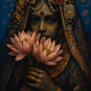 Indian Woman Art Print: Golden Tribal Beauty, Lotus Flower (Digital Download)