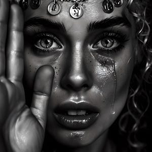 The Seer's Tears , portrait noir et blanc émotionnel | Art mural mystique, art oriental, tsigane, rom
