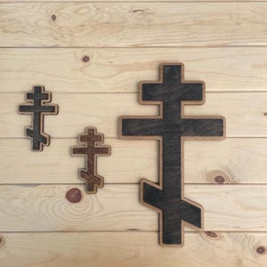 Three-Bar Orthodox Cross – 11&quot; Laser-Cut Birch Wood | Black + Natural | Eastern Orthodox Wall Cross