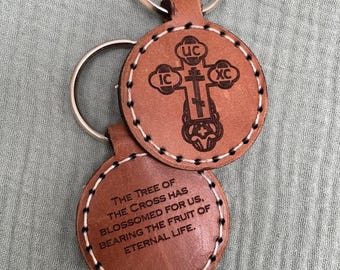 Llavero cristiano ortodoxo de cuero hecho a mano: diseños sagrados grabados