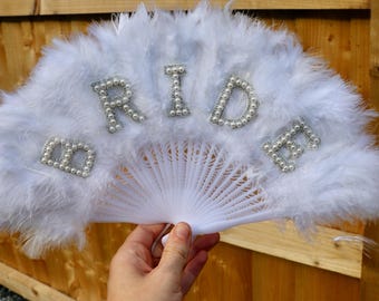 Personalised BRIDE White Fluffy Fan with Pearl Lettering - Perfect gift for Hen Dos, Weddings, Gifts for the Bride, Wedding Favours