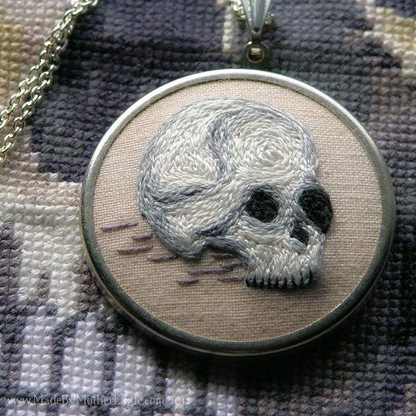 SALE - 30% Off - Skull Pendant, Miniature Hand-Embroidery FREE SHIPPING