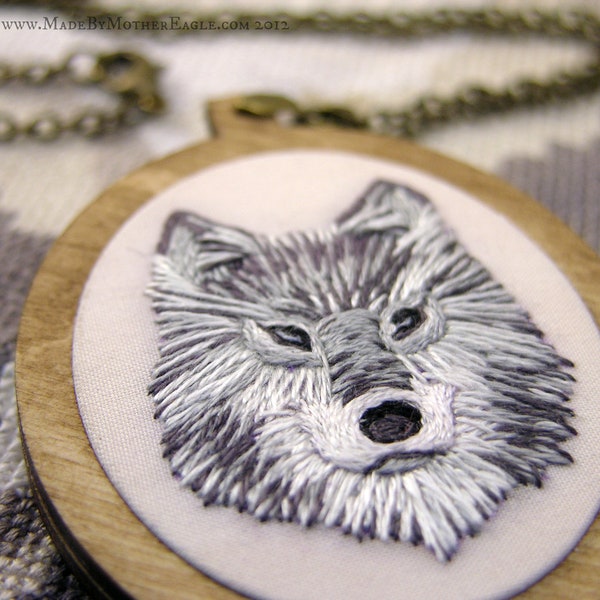 The Midwinter Wolf Pendant - Miniature Hand-Embroidery and Birch Wood MADE TO ORDER