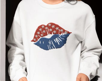 USA Embroidered Varsity Crewneck Sweatshirt, 4th of July Matching Embroidered, Independence Day Red White and Blue United States America.