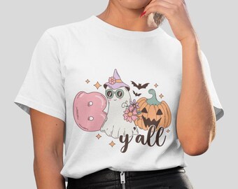 Ghost Floral Halloween Tee, Women's Fall Fashion Shirt
