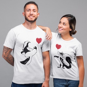 Fun Pepe le Pew and Penelope Kitty couples t-shirts, perfect match.