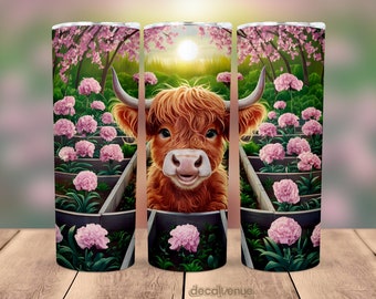 Highland Cow Carnation Flower Garden 20 oz Skinny Tumbler Wrap - Seamless Printable Sublimation Art Print Design - PNG Digital Download