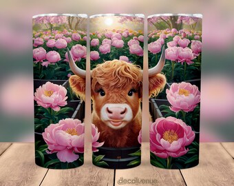 Highland Cow Peony Flower Garden 20 oz Skinny Tumbler Wrap - Seamless Printable Sublimation Art Print Design - PNG Digital Download