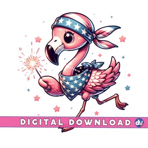 Patriotic Flamingo Wearing Bandana Holding Sparkler Clipart PNG Digital Download - Printable Art for DTG T-Shirts Sublimation Design Print