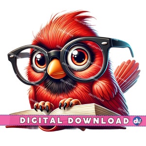 Cardinal Bird With Reading Glasses Open Book PNG Digital Download ...