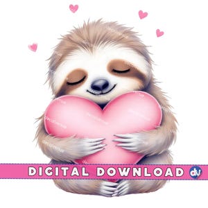 Sleeping Sloth Hugging a Heart Pillow PNG Digital Download Clipart Printable Art Dtg Dtf Mugs T-Shirts Sublimation Design Print