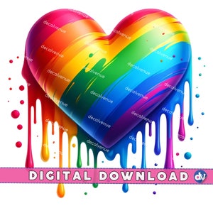 Digitale kunst regenbooghart, kleurrijke verfdruppel, png, levendig liefdessymbool, digitale download voor prints en ambachten, Pride Month, LGBT
