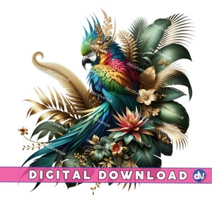 Tropical Glam Parrot Gold Accented Bird Vibrant Printable Art, Digital Download Artwork, Exotic Parrot PNG, Colorful Bird Decoration
