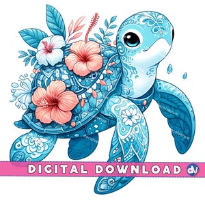 Sea Turtle Hibiscus Flowers PNG Digital Download Clipart - Printable Art for Dtg Dtf Apparel Mugs T-Shirts Sublimation Design Print