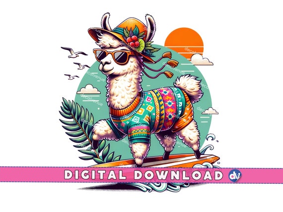 Surfing Llama PNG, Sunglasses, Tropical Print, Surfboard, Sublimation Shirt Design, Digital Download