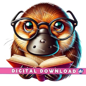 Platypus With Reading Glasses Open Book PNG Digital Download Clipart Printable Art Dtg Dtf Mugs T-Shirts Sublimation Design Print