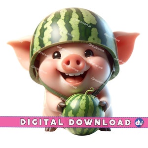 Lindo lechón con casco de sandía, diseño descargable PNG, arte digital de cerdo adorable, ilustración animal divertida, descarga instantánea, DTFdiy